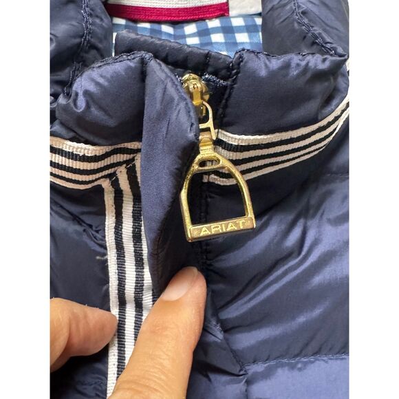 ARIAT Navy/White Packable Down Zip Front Jacket, Gingham Lining, Sz S - Picture 6 of 13